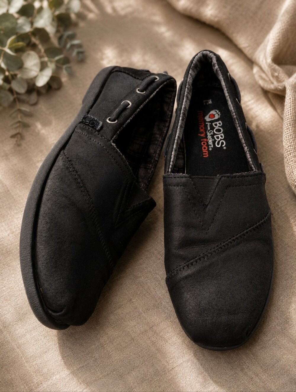 BOBS by Skechers Black Microsuede Memory Foam Slip Ons Womens Size 7.5 Comfort